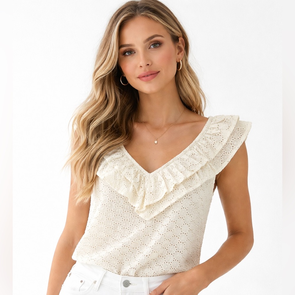 Compania Fantástica Eyelet Ruffle V-Neck Cotton Tank Top - Cream